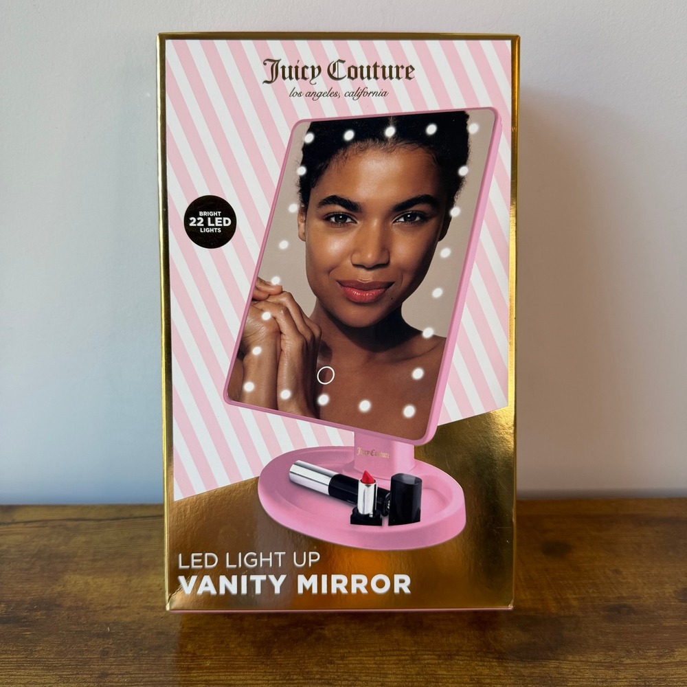 New Juicy Couture Lighted Makeup Cosmetic Vanity Mirror Storage Base Pink
